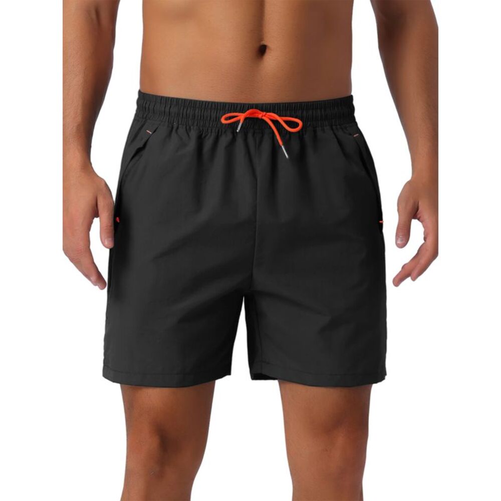 Summer Elastic Waist Drawstring Mesh Lining Swimming Beach Shorts Black
